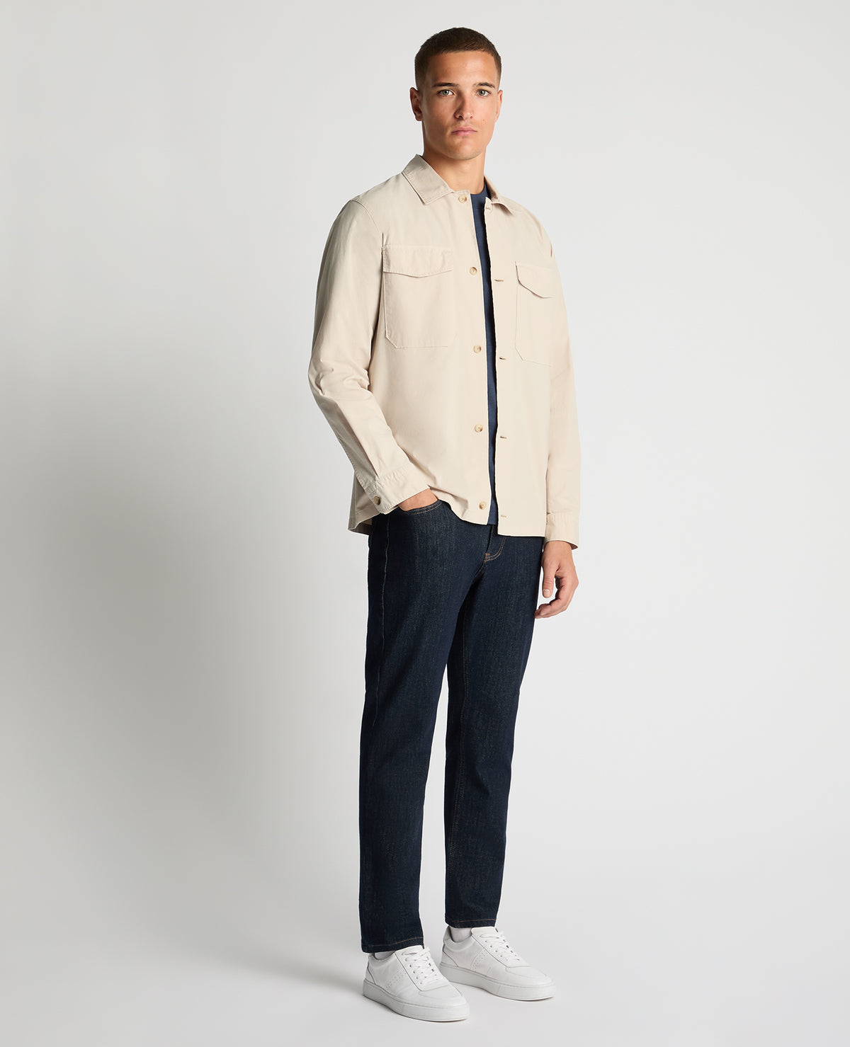 Man wearing a sand Regular Fit Cotton-Stretch Overshirt