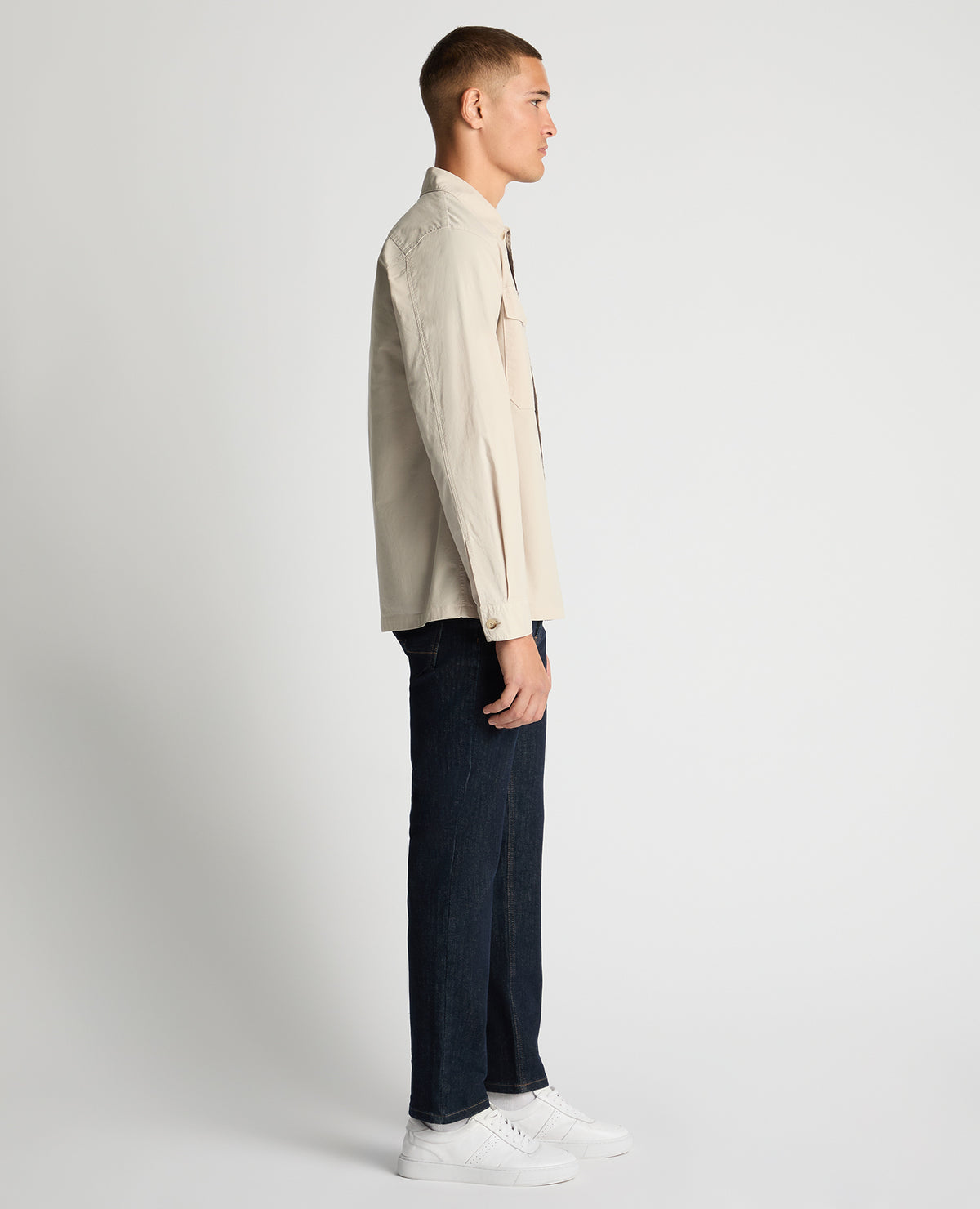 Man wearing a sand Regular Fit Cotton-Stretch Overshirt