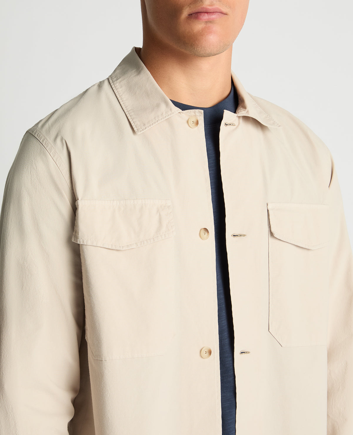 Man wearing a sand Regular Fit Cotton-Stretch Overshirt