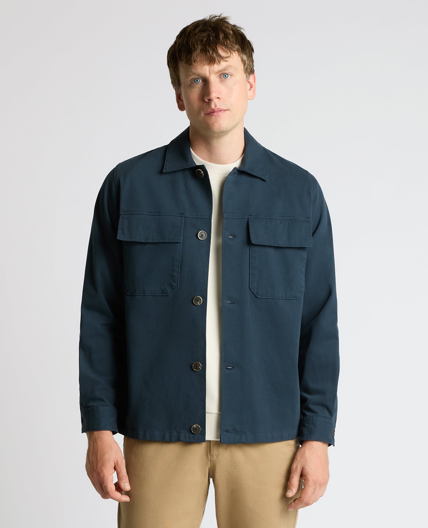 Man wearing a blue Regular Fit Double Pocket Shacket