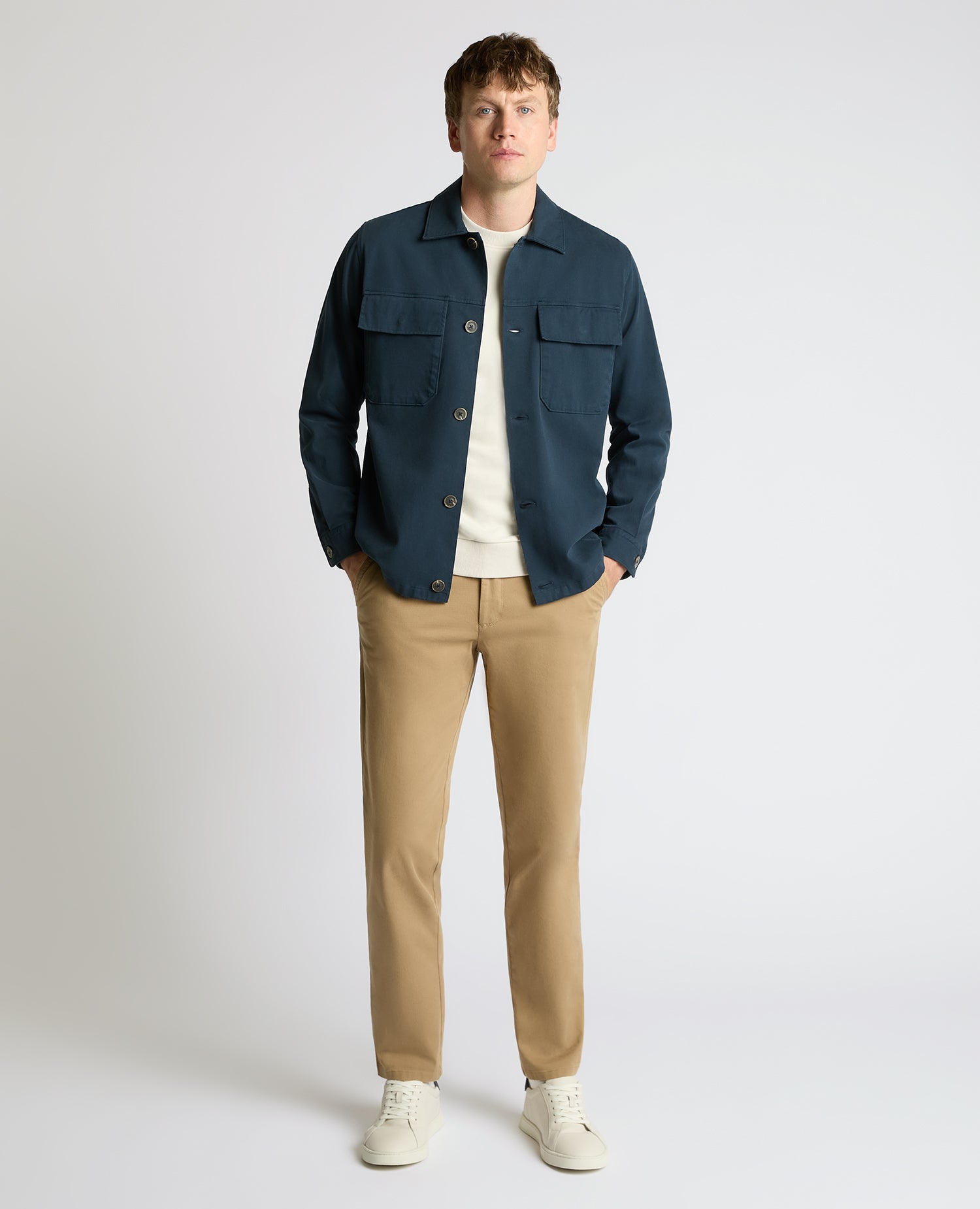 Man wearing a blue Regular Fit Double Pocket Shacket