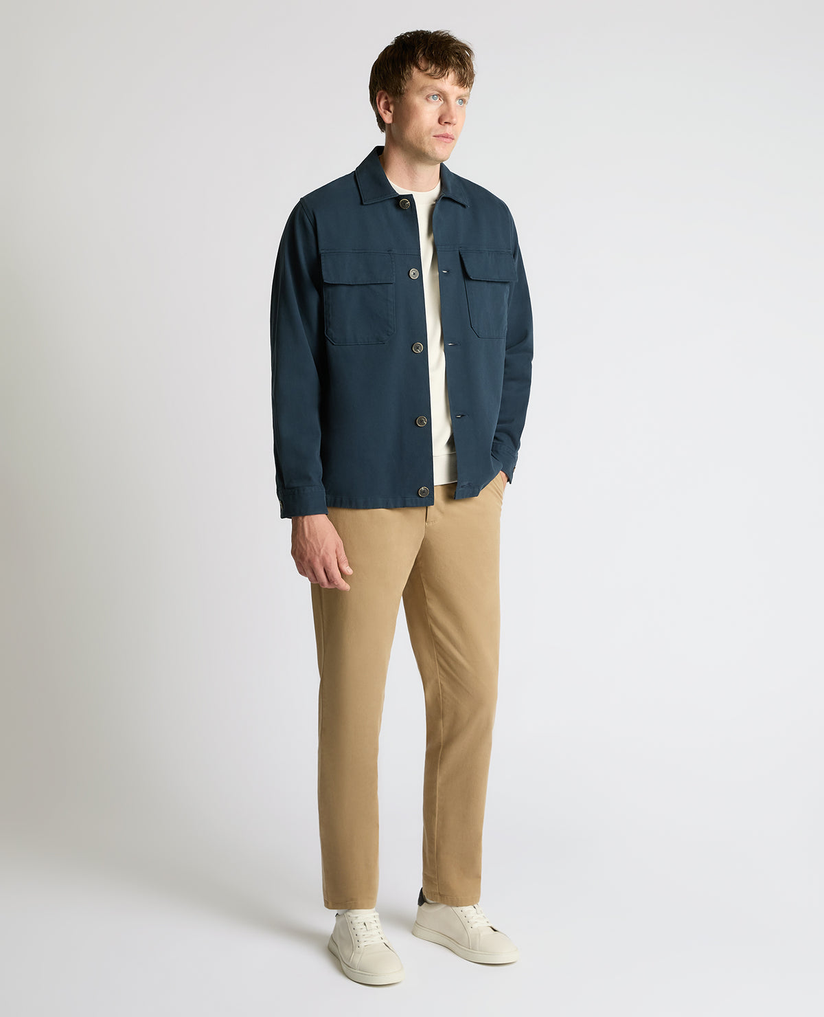 Man wearing a blue Regular Fit Double Pocket Shacket