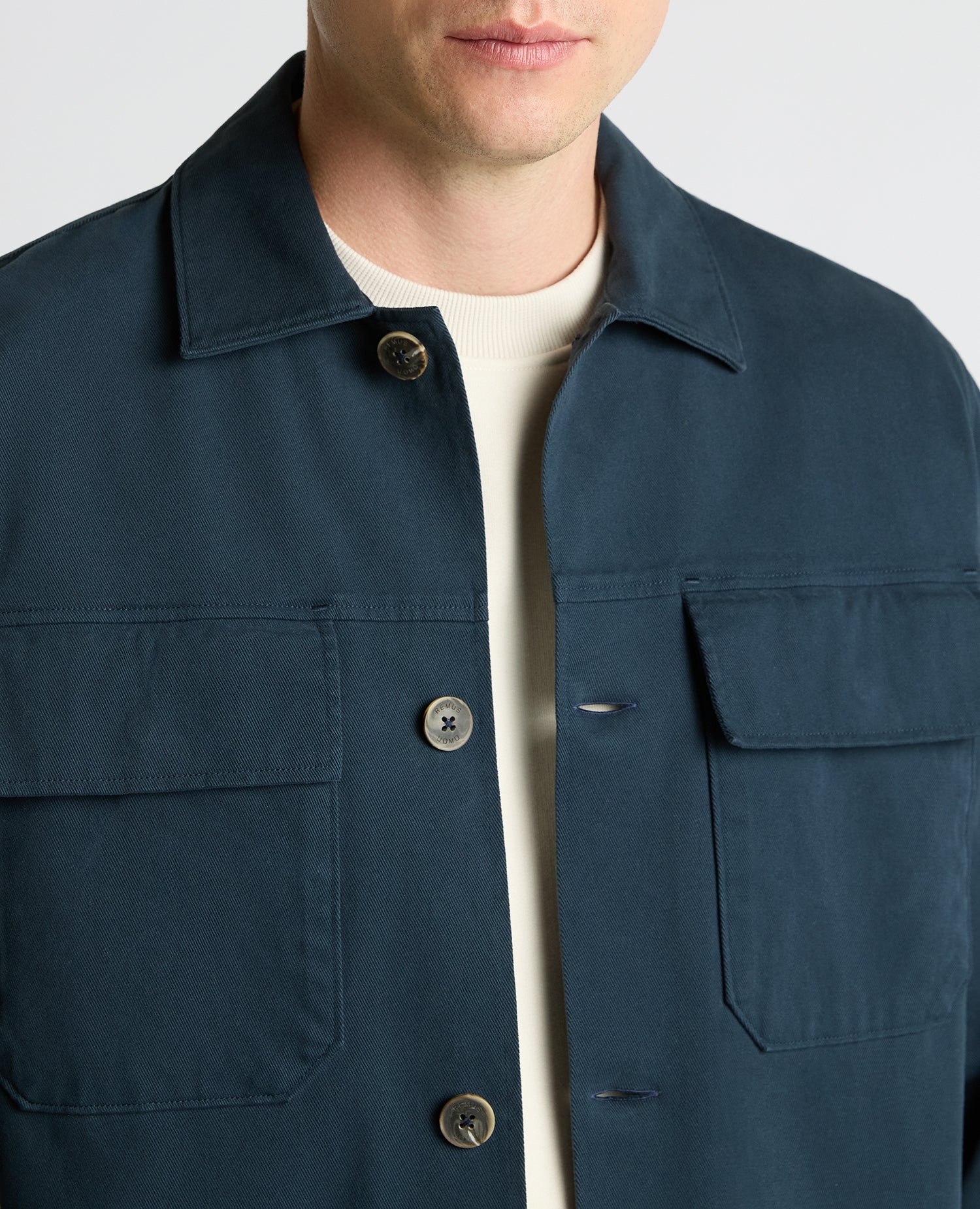 Man wearing a blue Regular Fit Double Pocket Shacket