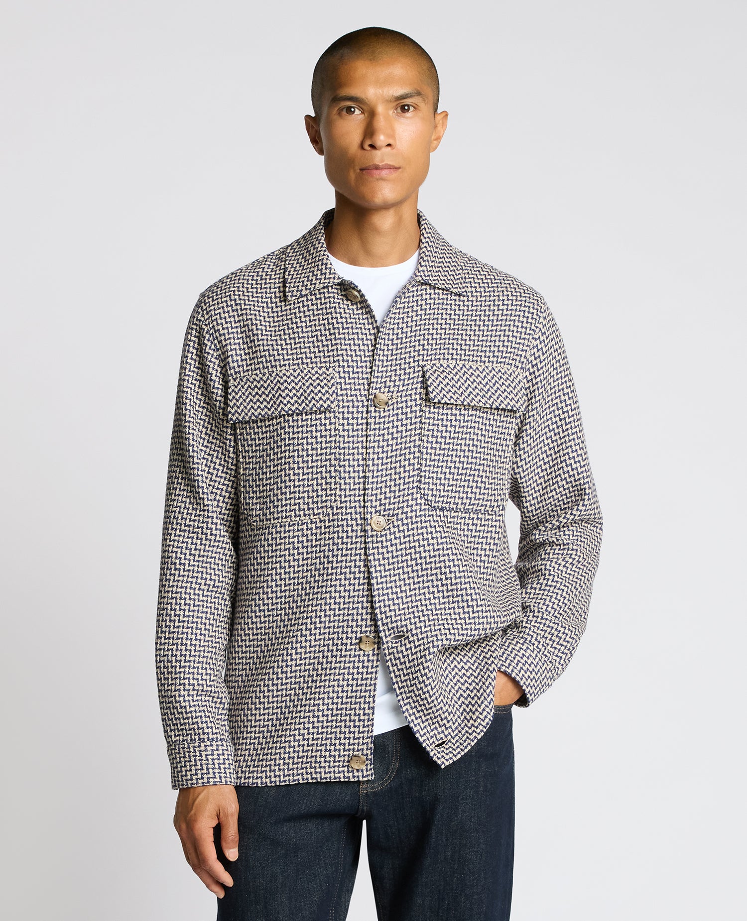 Man wearing a blue Regular Fit Chevron Print Shacket