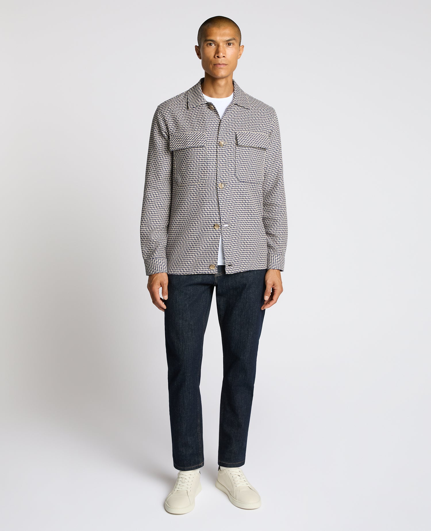 Man wearing a blue Regular Fit Chevron Print Shacket