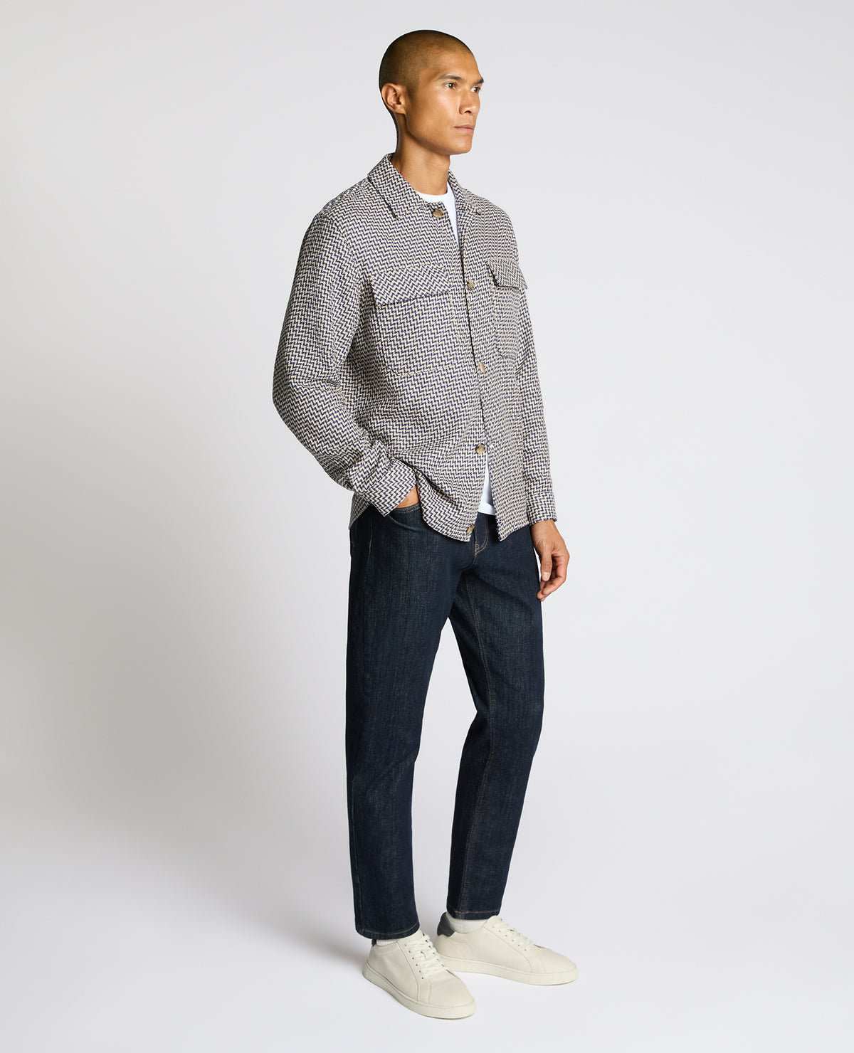 Man wearing a blue Regular Fit Chevron Print Shacket