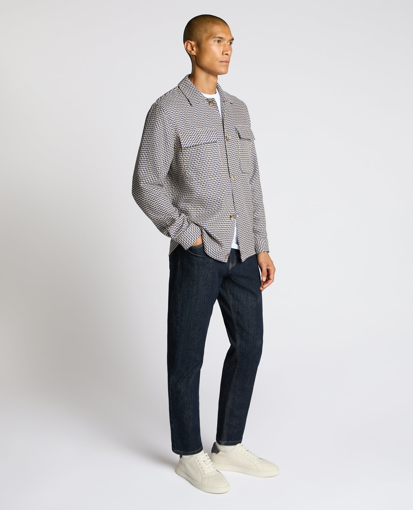 Man wearing a blue Regular Fit Chevron Print Shacket