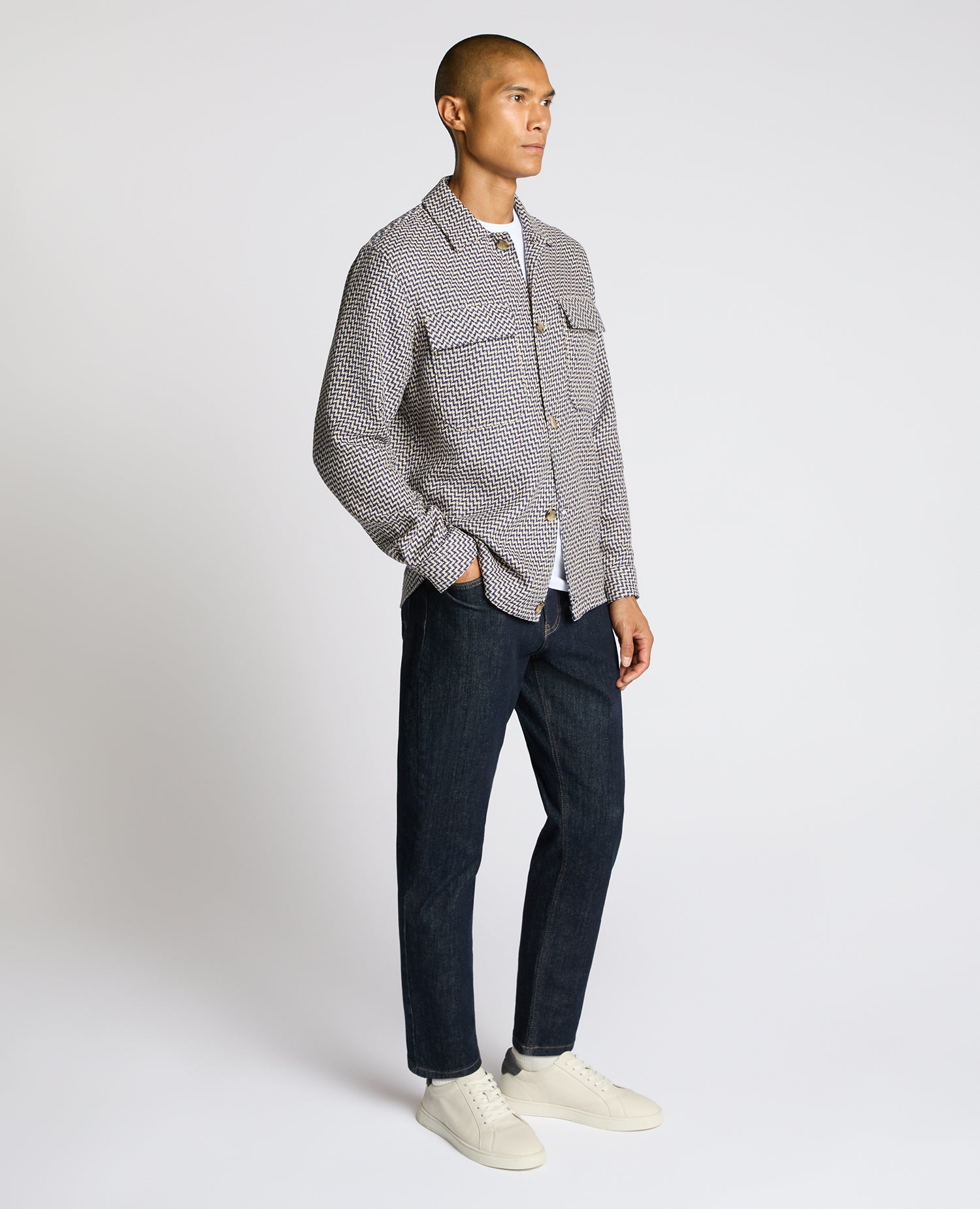 Man wearing a blue Regular Fit Chevron Print Shacket