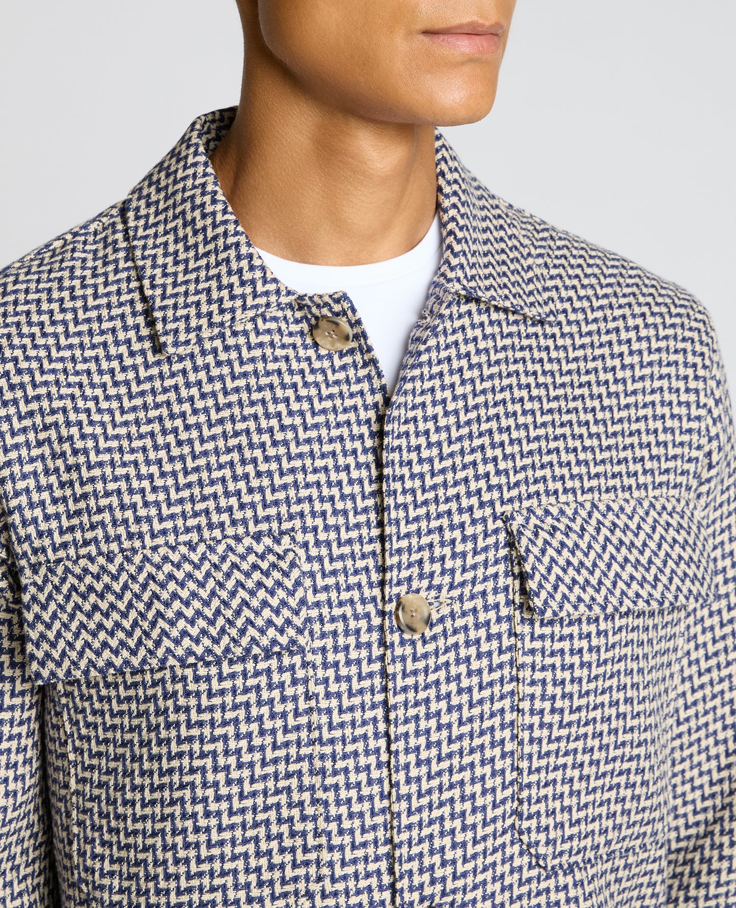 Man wearing a blue Regular Fit Chevron Print Shacket