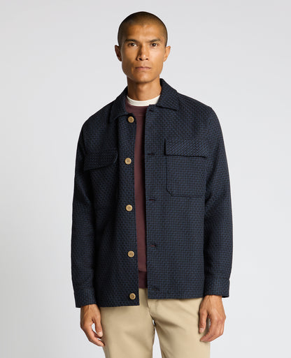 Man wearing a navy Regular Fit Chevron Print Shacket
