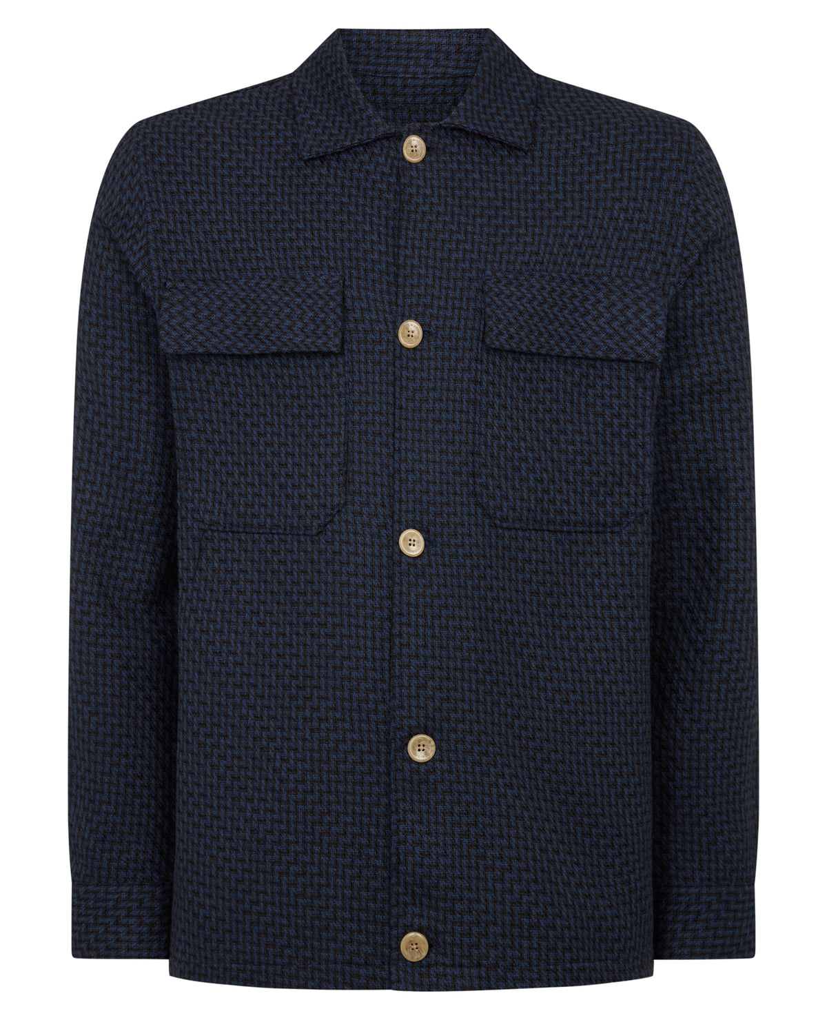 Man wearing a navy Regular Fit Chevron Print Shacket