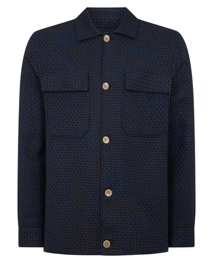 Man wearing a navy Regular Fit Chevron Print Shacket