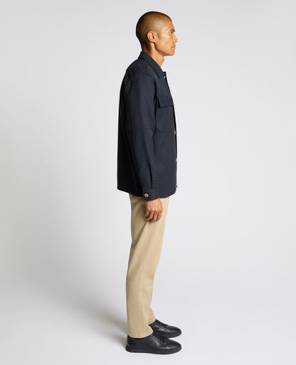 Man wearing a navy Regular Fit Chevron Print Shacket