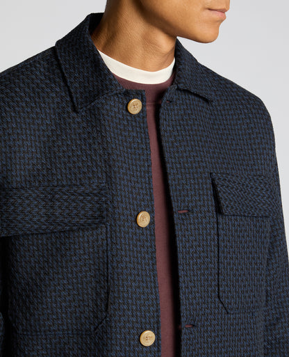 Man wearing a navy Regular Fit Chevron Print Shacket