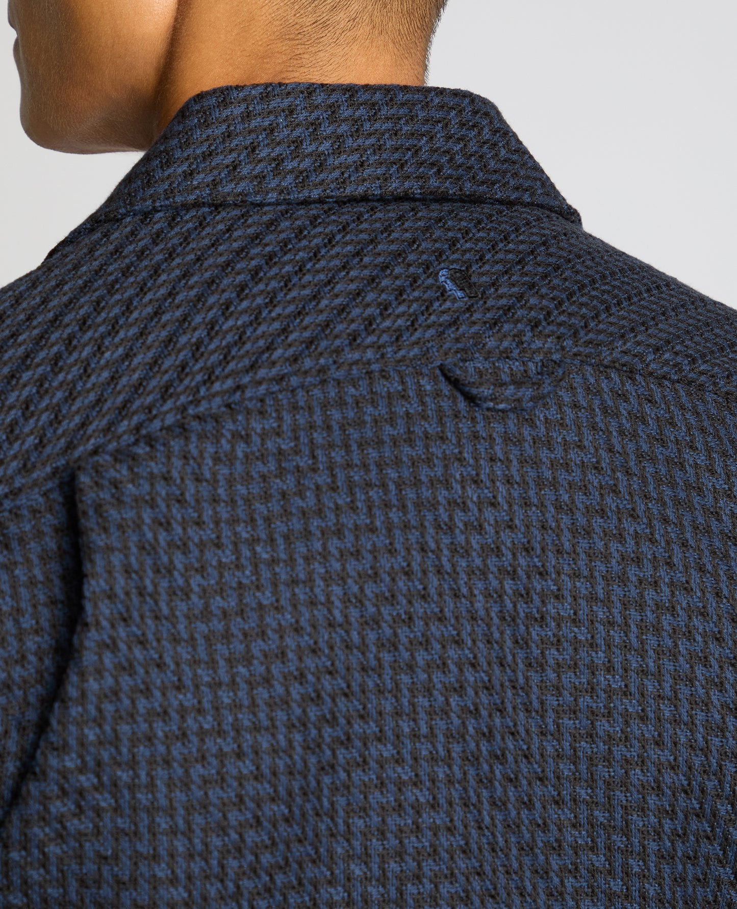 Man wearing a navy Regular Fit Chevron Print Shacket