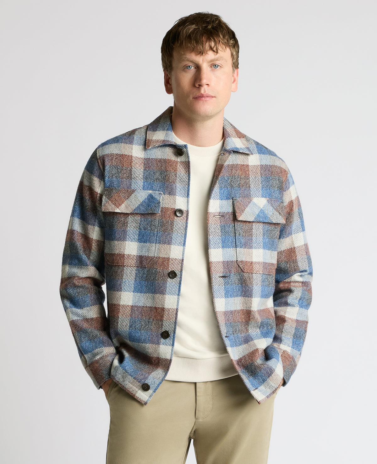 Man wearing a blue Regular Fit Brushed Cotton Shacket