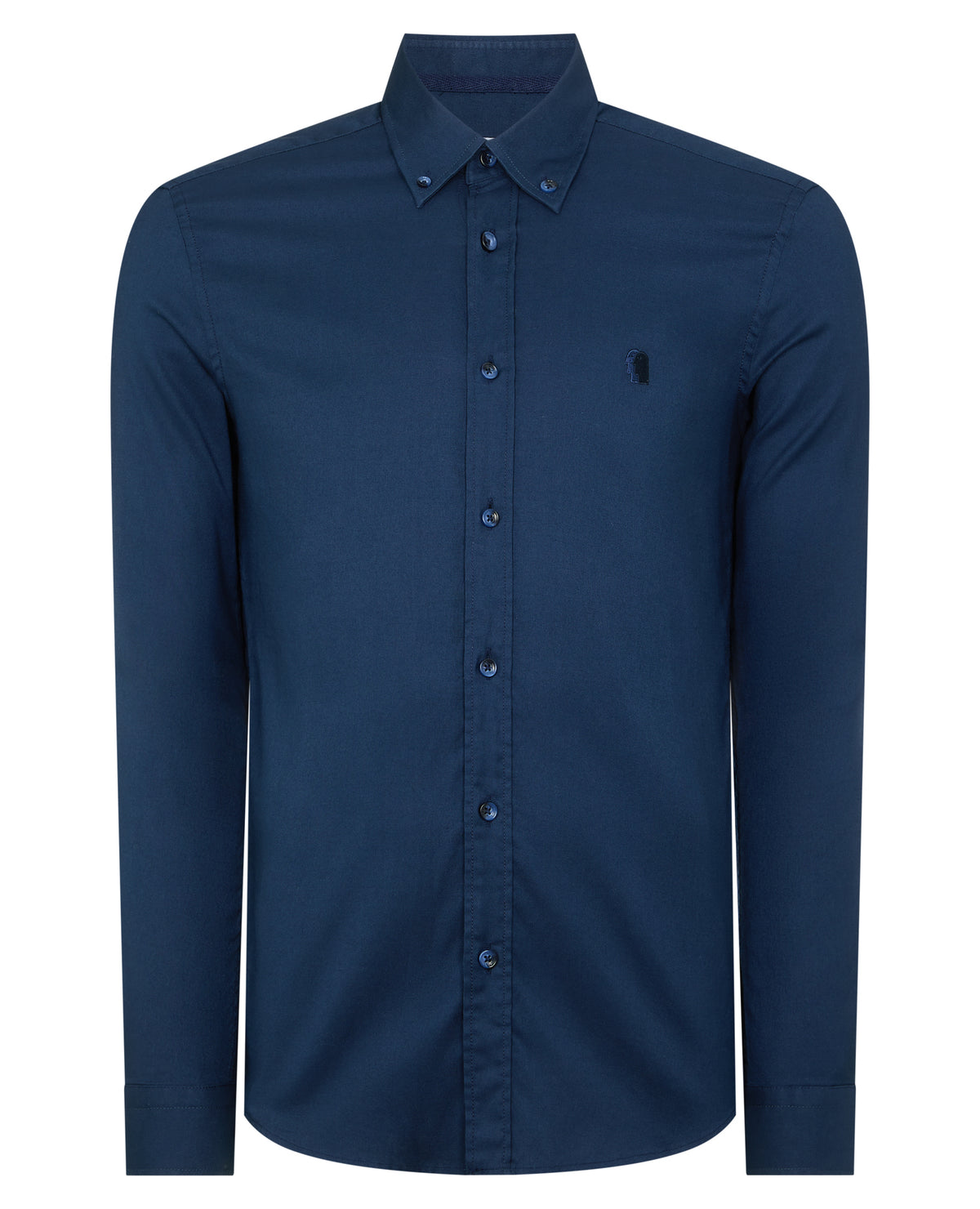 Man wearing a navy Slim Fit Cotton-Stretch Shirt