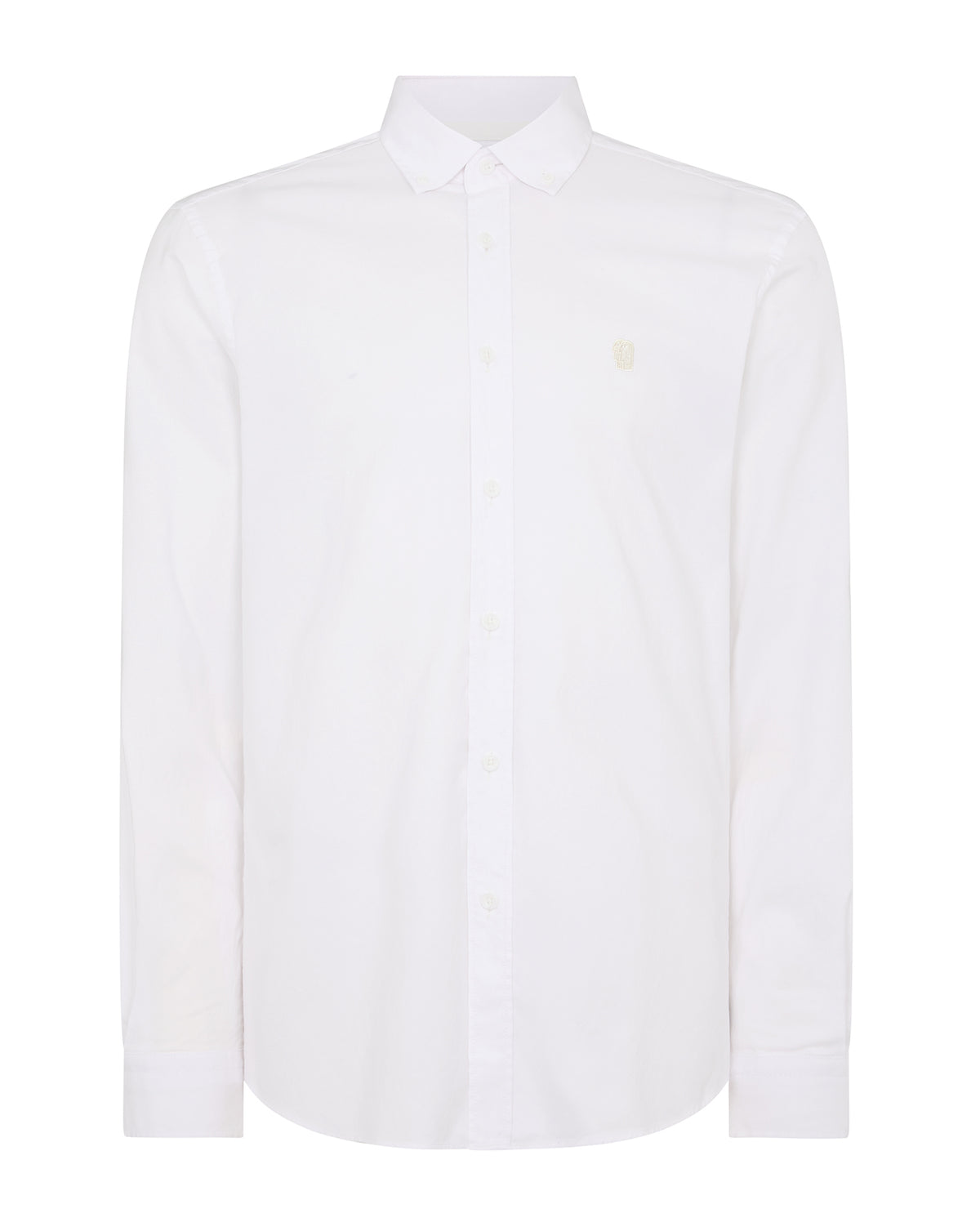 Man wearing a white Tapered Fit Oxford Cotton Shirt
