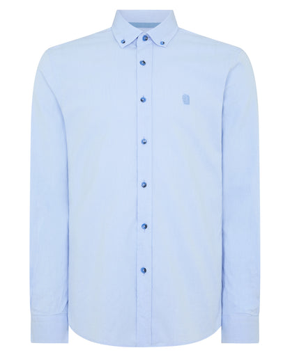 Man wearing a blue Tapered Fit Oxford Cotton Shirt