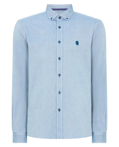 Man wearing a blue casual shirt