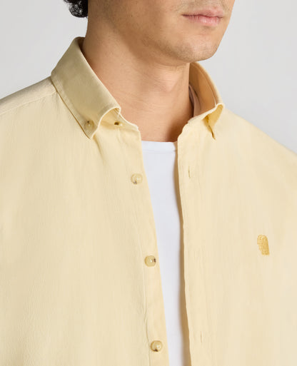Man wearing a orange Tapered Fit Oxford Cotton Shirt