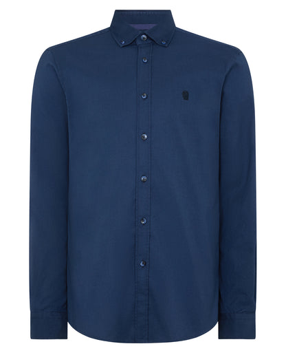 Man wearing a navy Tapered Fit Oxford Cotton Shirt