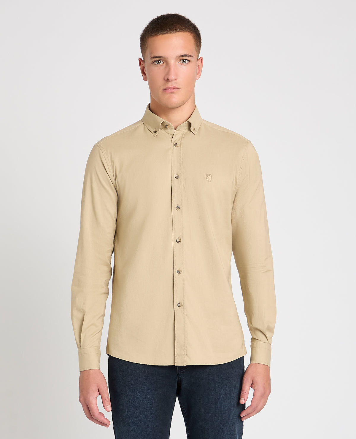 Man wearing a stone casual shirt