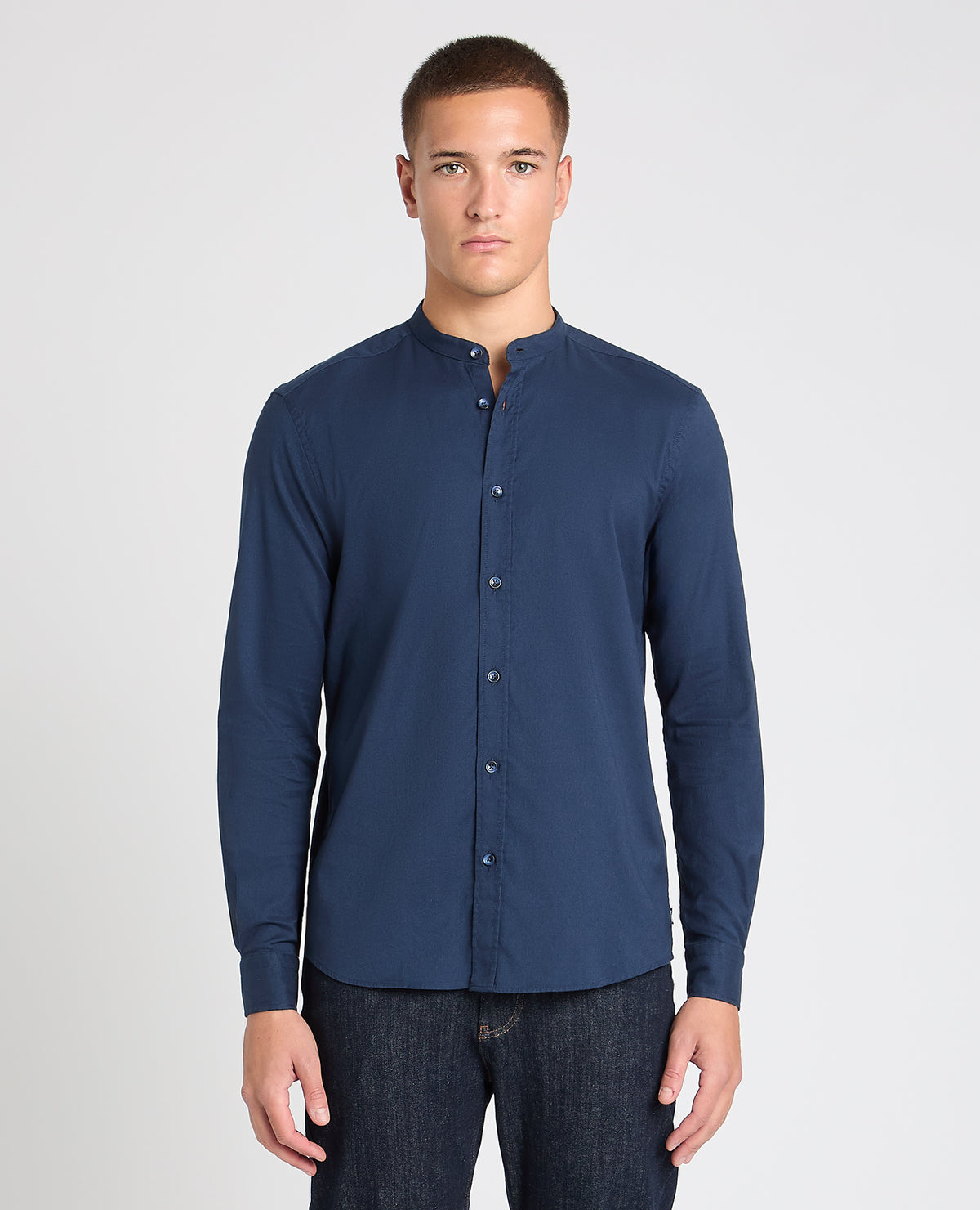 Man wearing a navy casual shirt