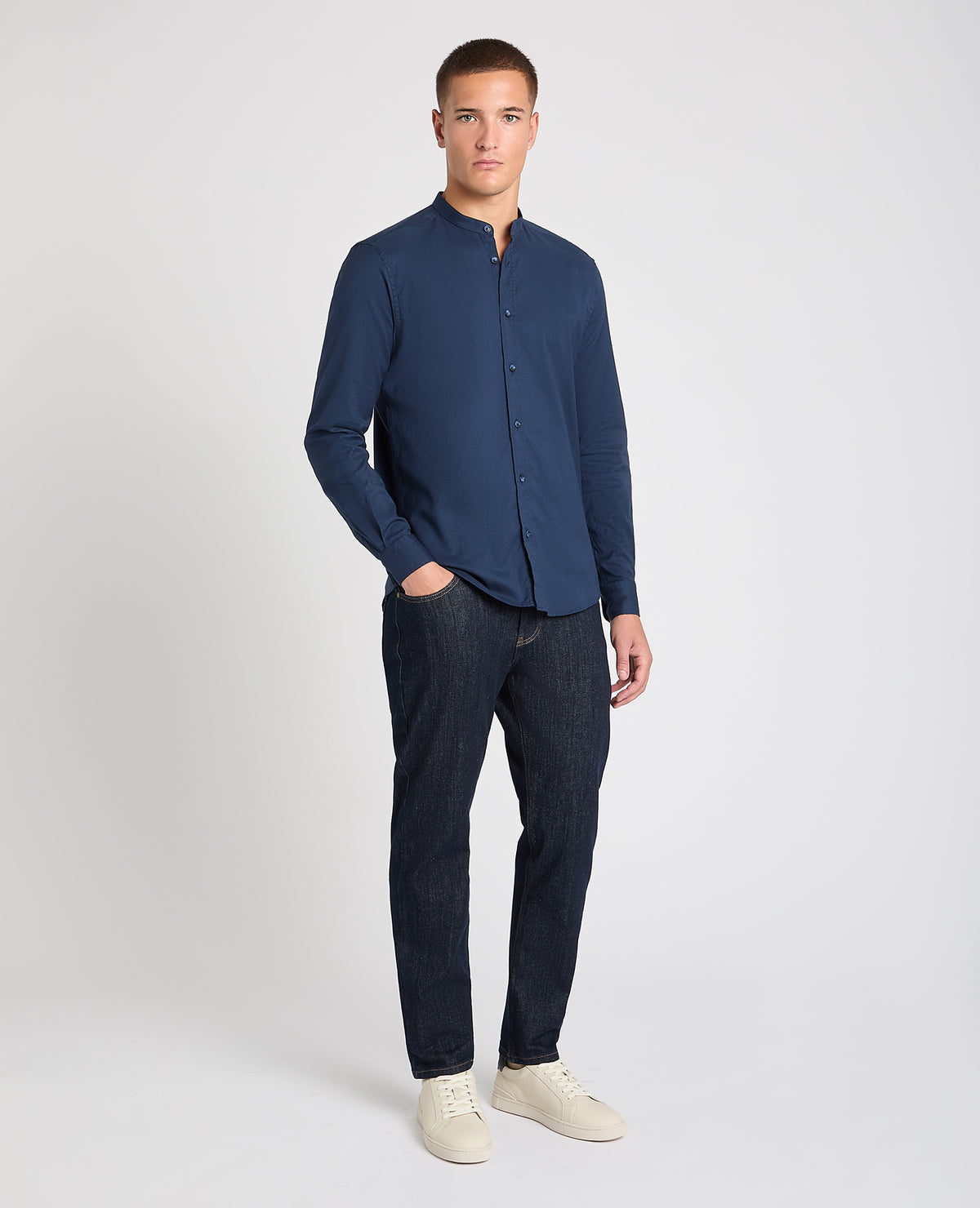 Man wearing a navy casual shirt