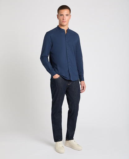 Man wearing a navy casual shirt