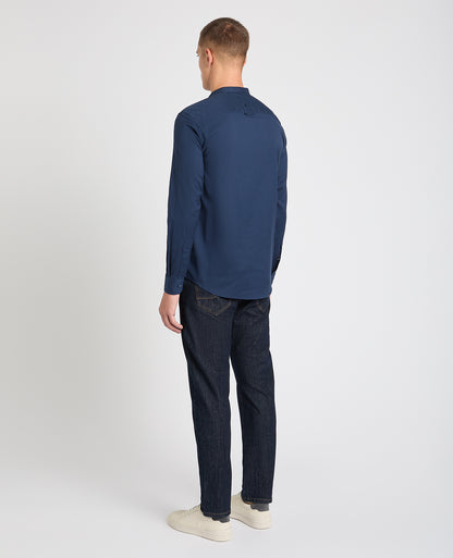 Man wearing a navy casual shirt