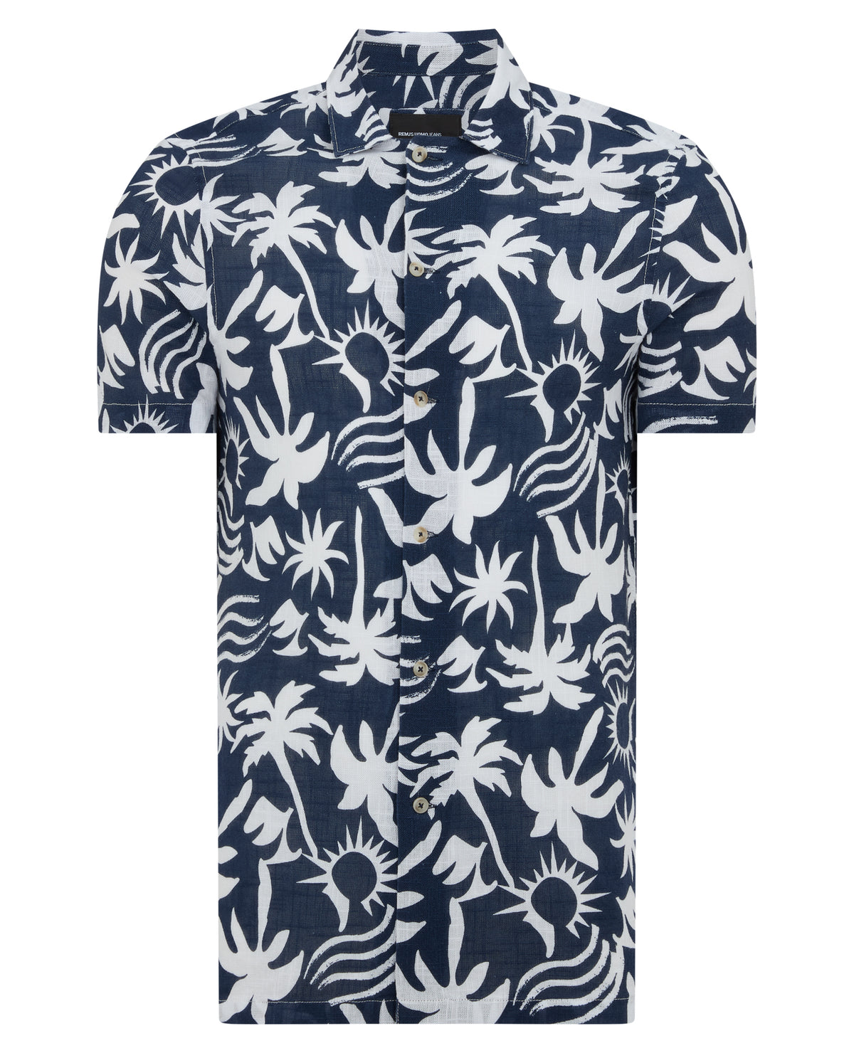 Man wearing a navy Tapered Fit Floral Print Cotton Shirt
