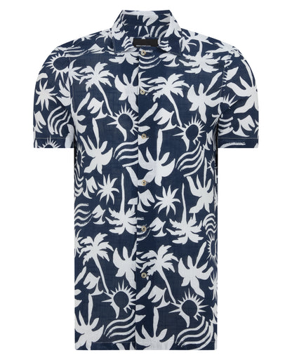 Man wearing a navy Tapered Fit Floral Print Cotton Shirt