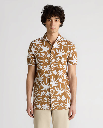 Man wearing a brown Tapered Fit Floral Print Cotton Shirt