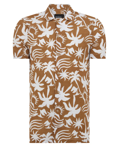 Man wearing a brown Tapered Fit Floral Print Cotton Shirt
