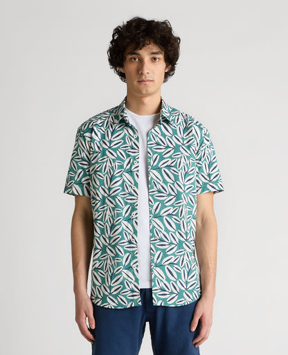 Man wearing a green Slim Fit Cotton Stretch Leaf Print Shirt