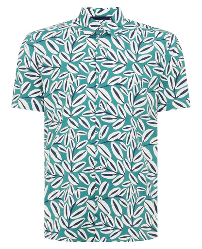 Man wearing a green Slim Fit Cotton Stretch Leaf Print Shirt