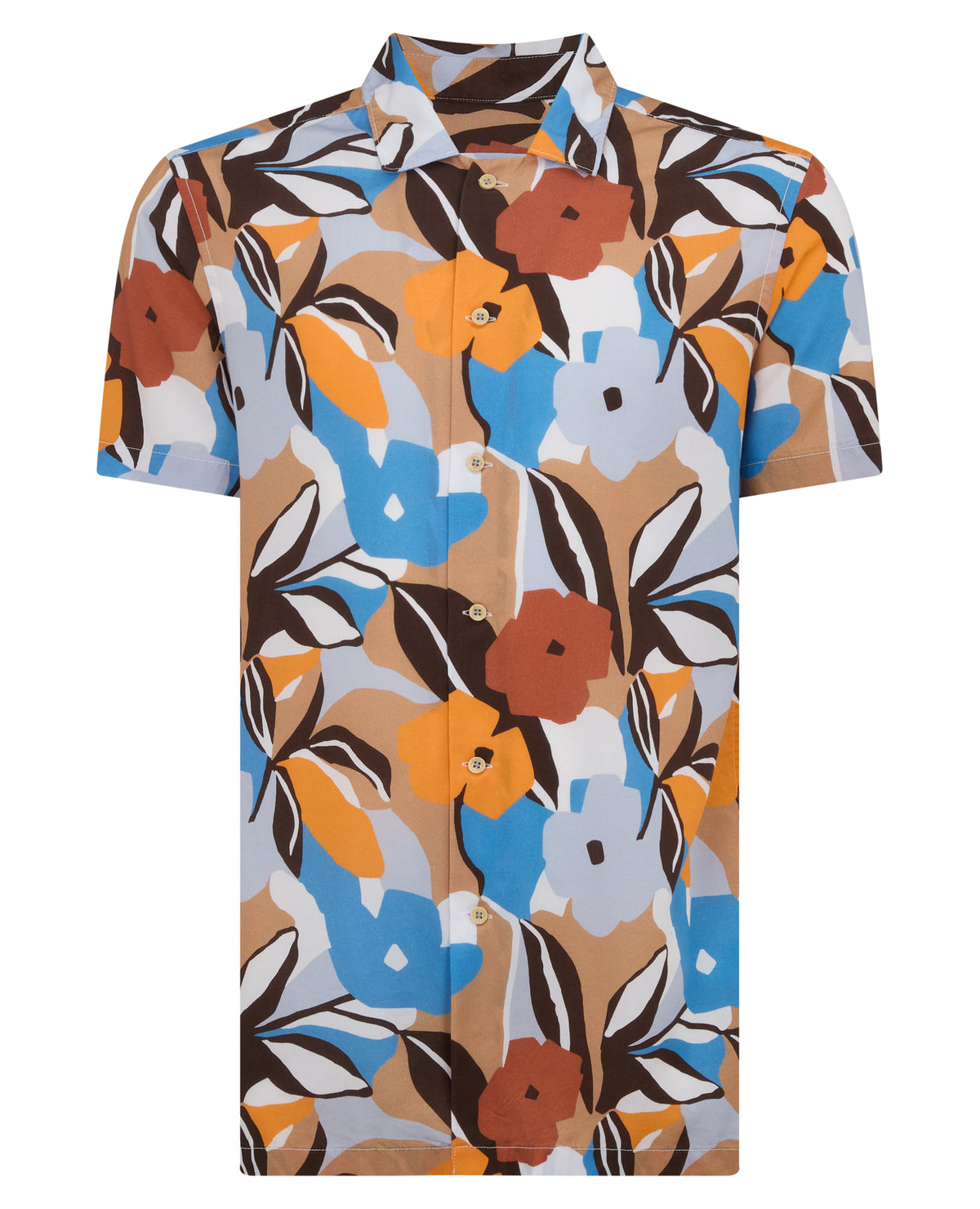 Man wearing a blue Tapered Fit Tencel Floral Print shirt