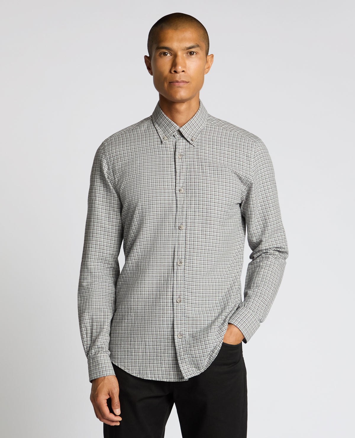 Man wearing a grey Slim Fit Cotton Micro Check Shirt