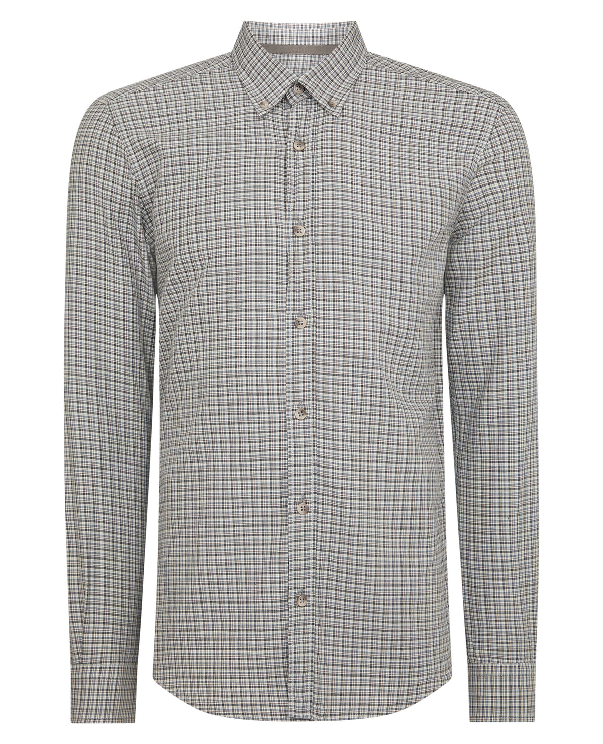 Man wearing a grey Slim Fit Cotton Micro Check Shirt