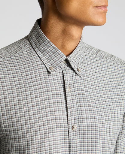Man wearing a grey Slim Fit Cotton Micro Check Shirt
