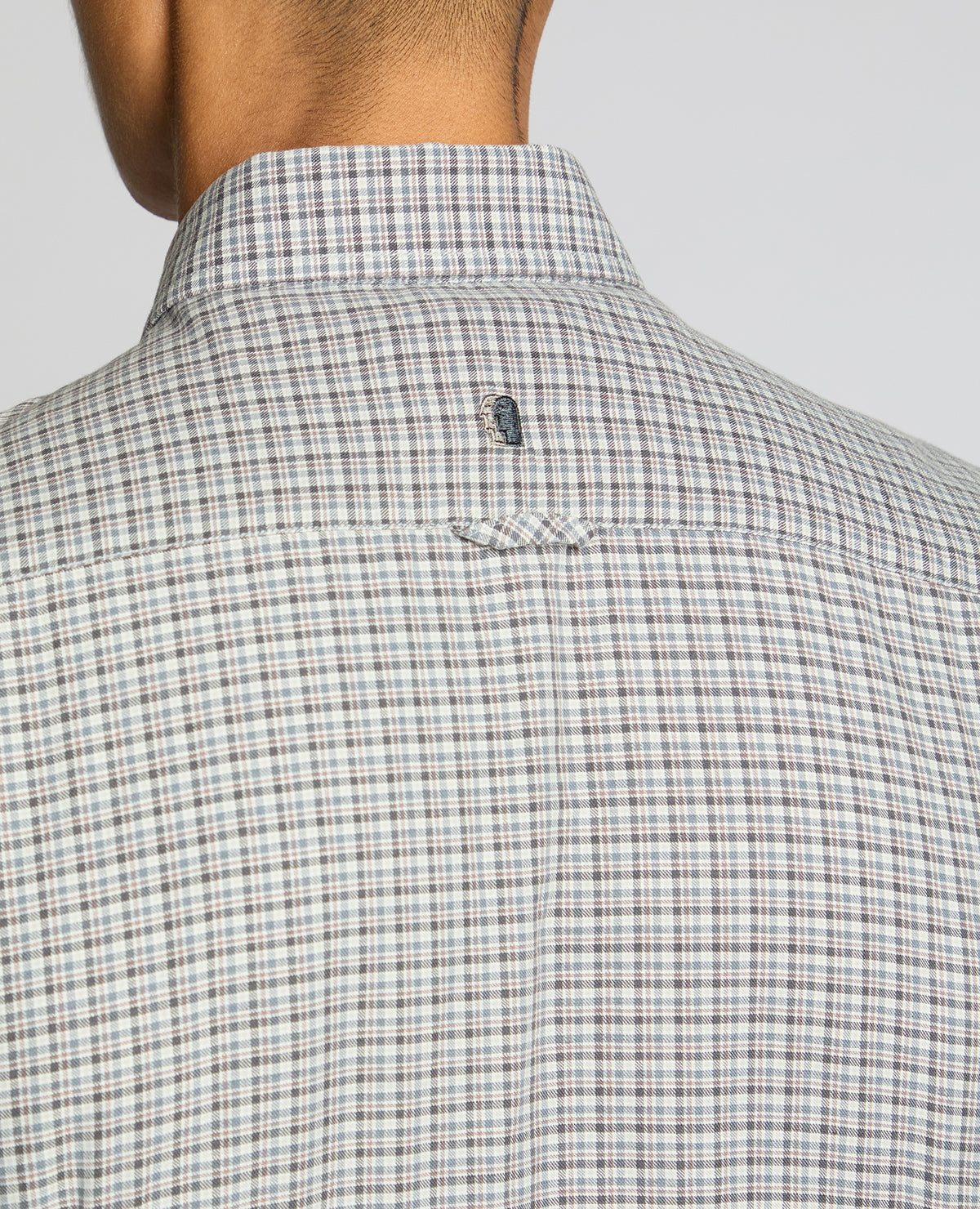 Man wearing a grey Slim Fit Cotton Micro Check Shirt