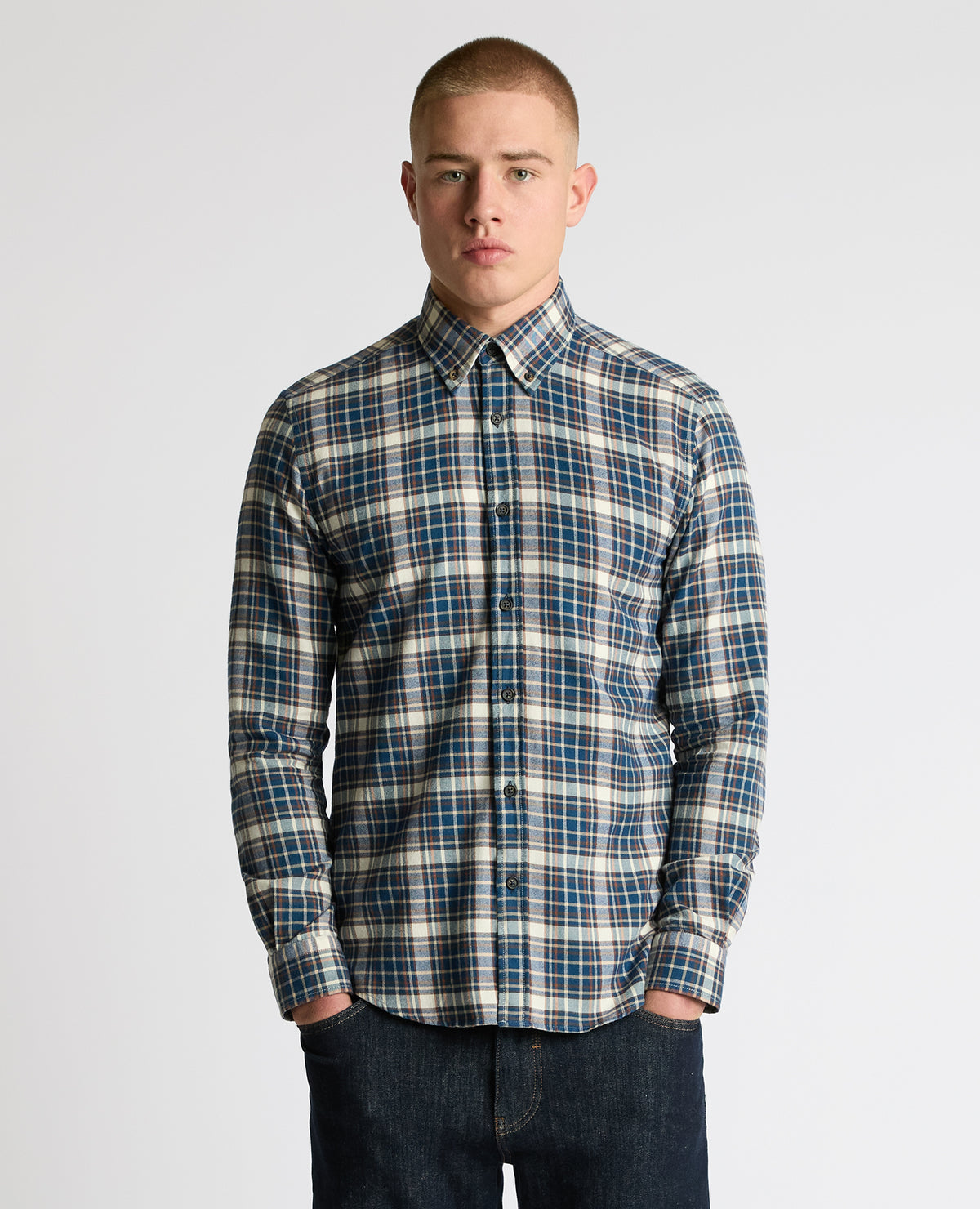 Man wearing a blue Slim Fit Cotton Check Shirt