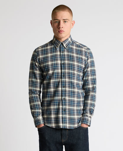 Man wearing a blue Slim Fit Cotton Check Shirt