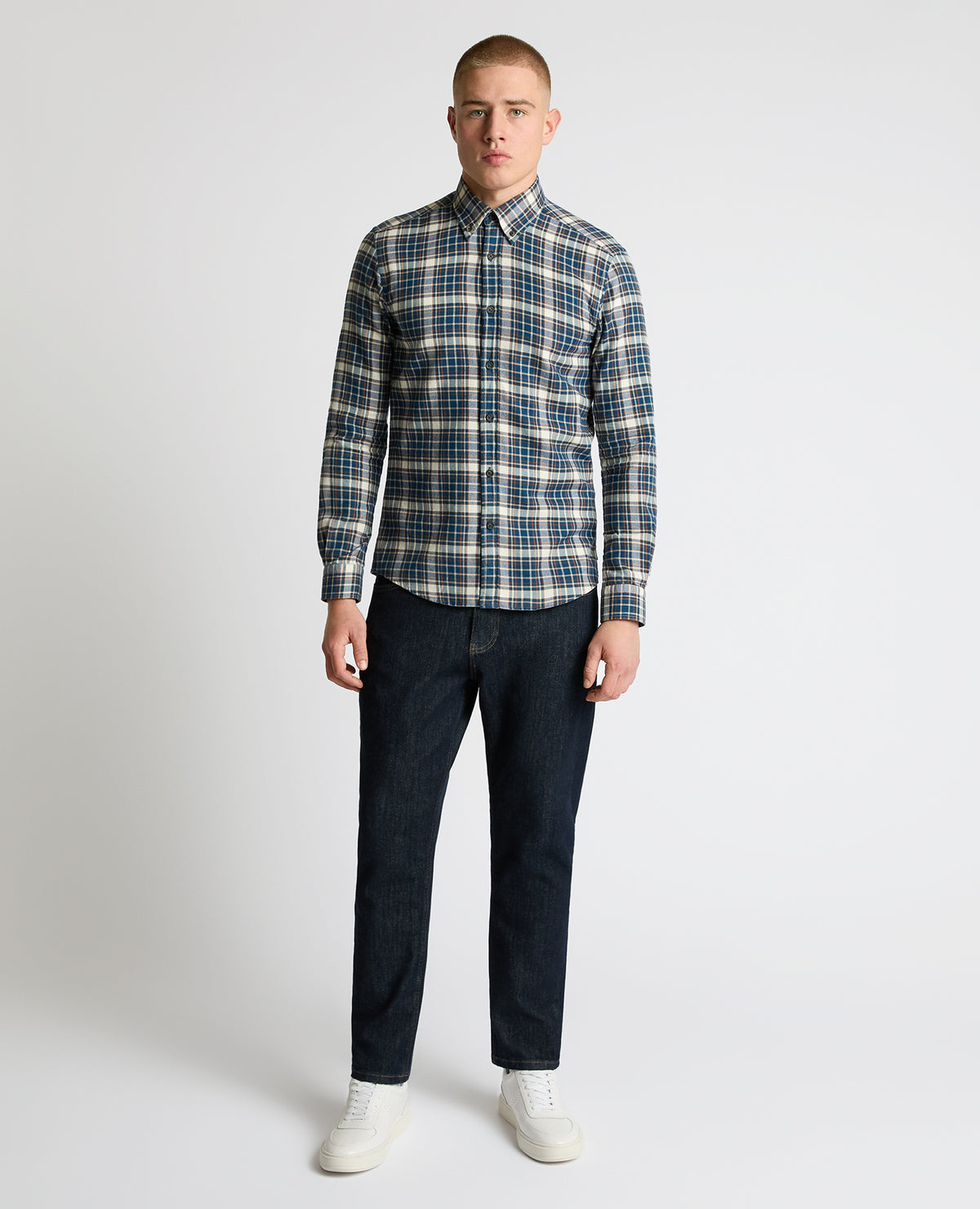 Man wearing a blue Slim Fit Cotton Check Shirt