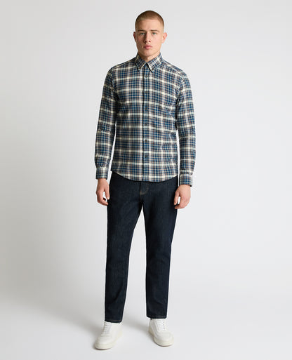 Man wearing a blue Slim Fit Cotton Check Shirt