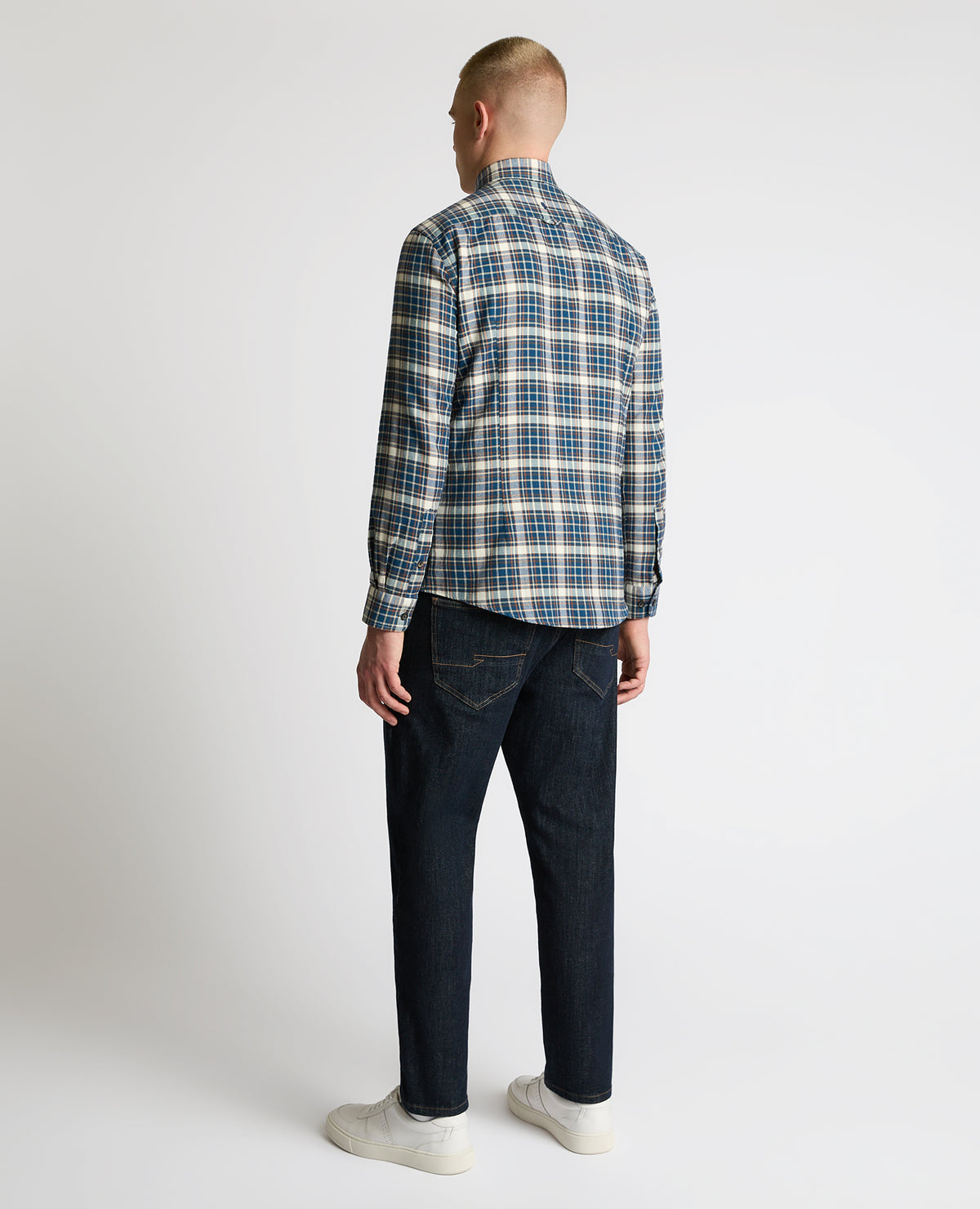 Man wearing a blue Slim Fit Cotton Check Shirt
