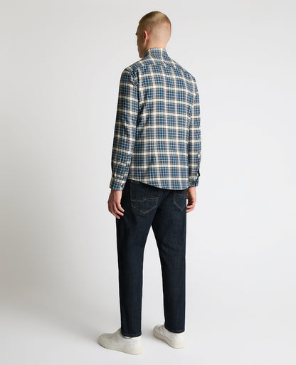 Man wearing a blue Slim Fit Cotton Check Shirt
