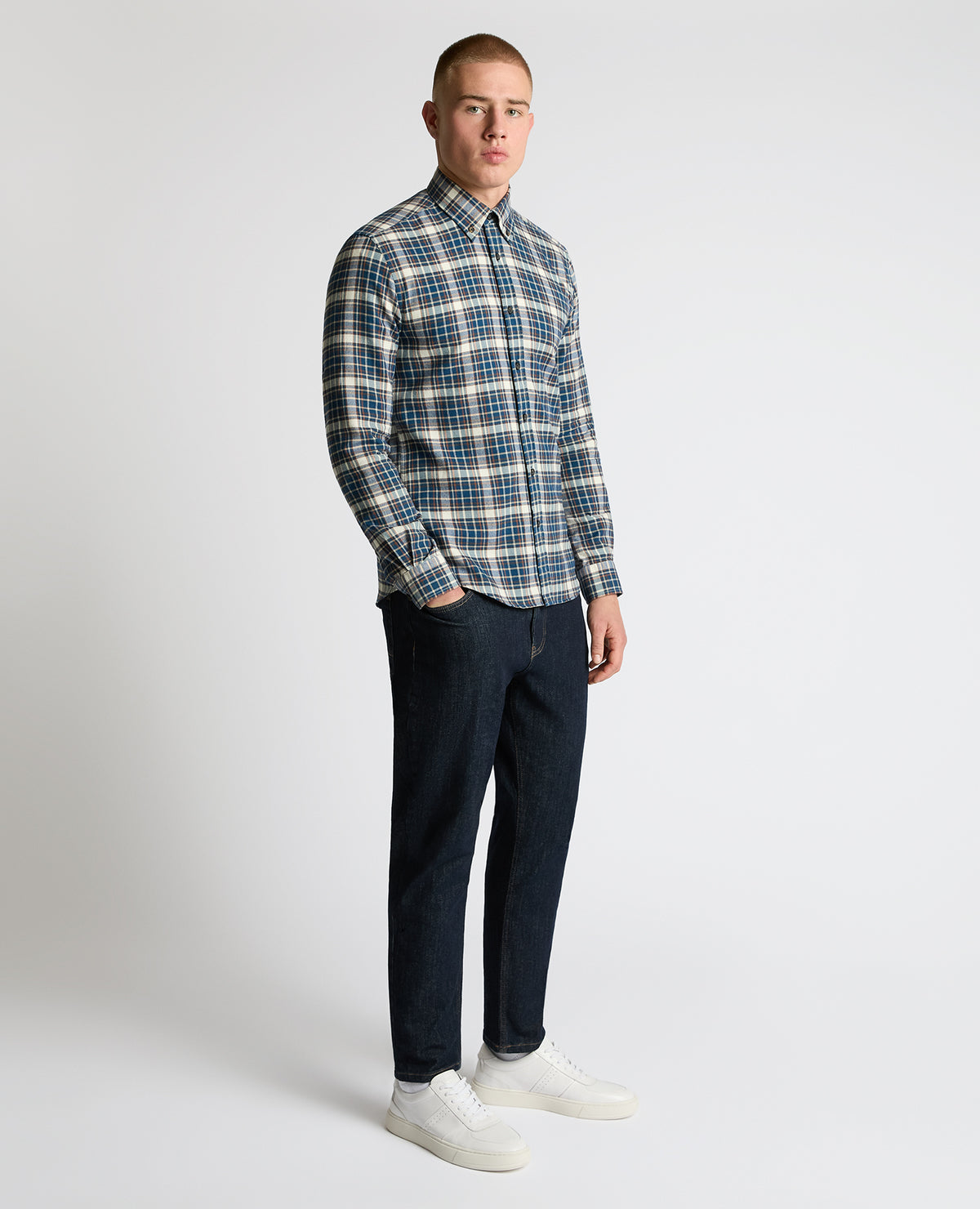 Man wearing a blue Slim Fit Cotton Check Shirt