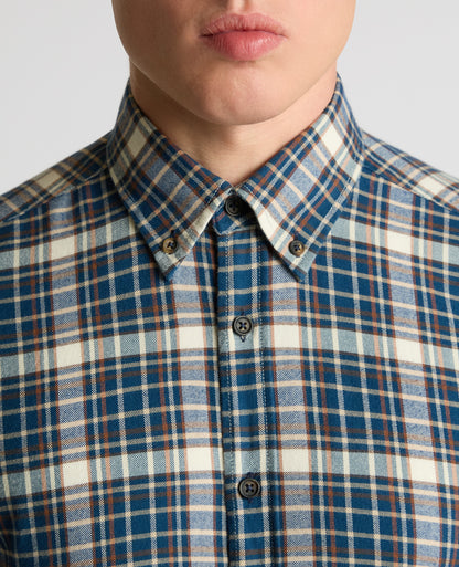 Man wearing a blue Slim Fit Cotton Check Shirt